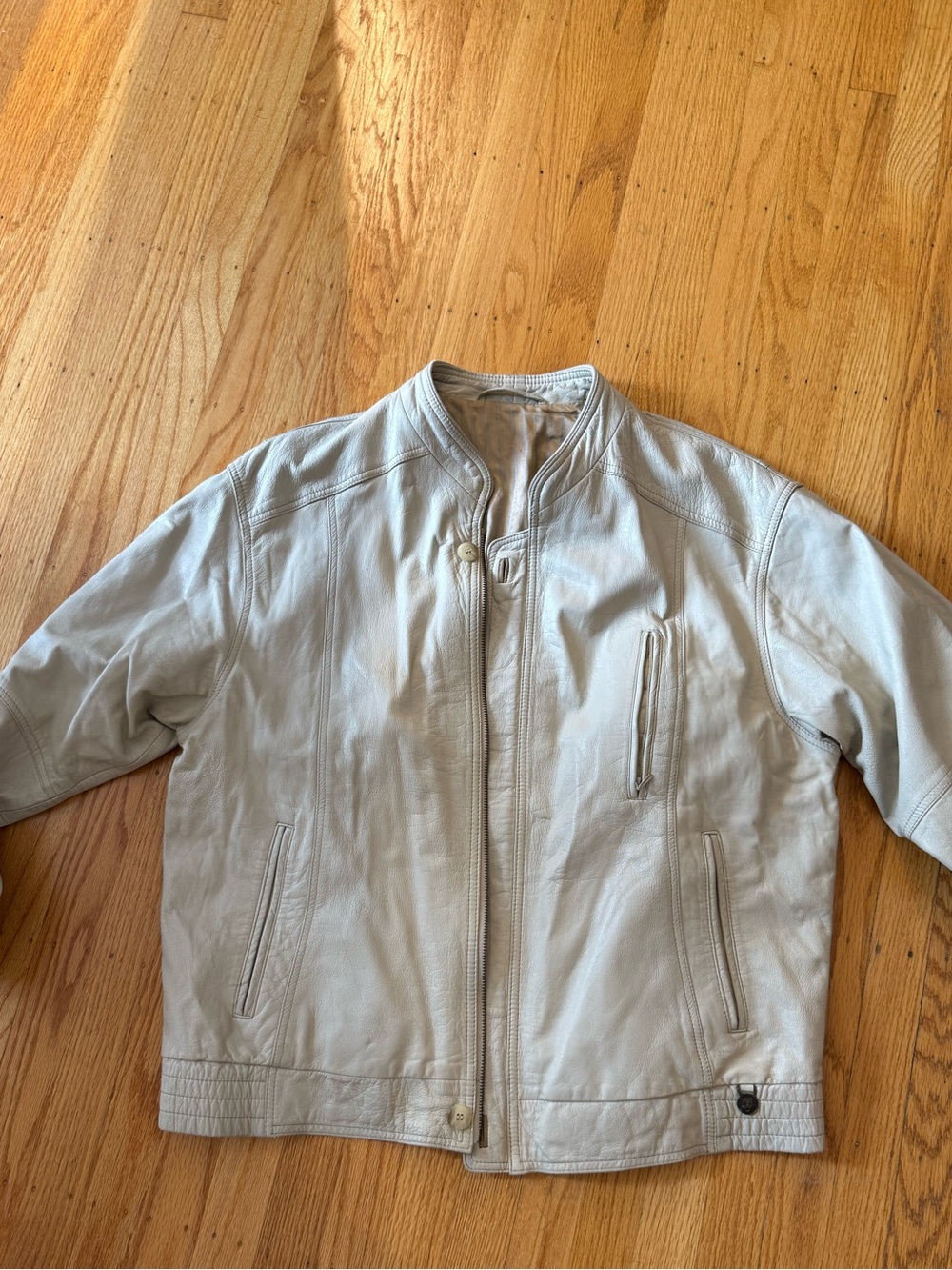 Vintage Light Cream Leather Bomber Jacket